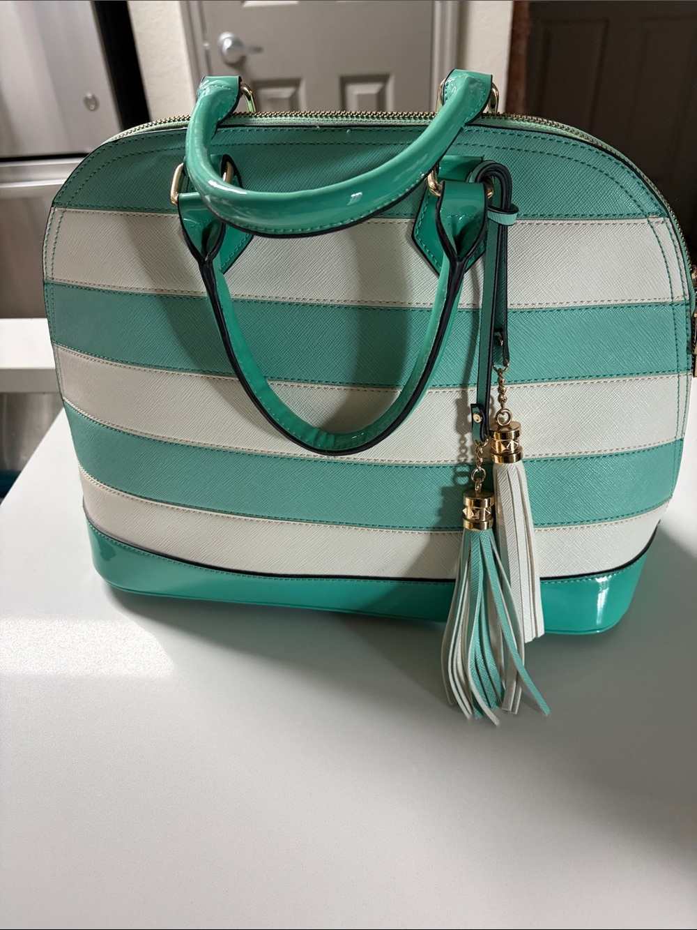 Striped Teal and White Dome Satchel with Tassel Details
